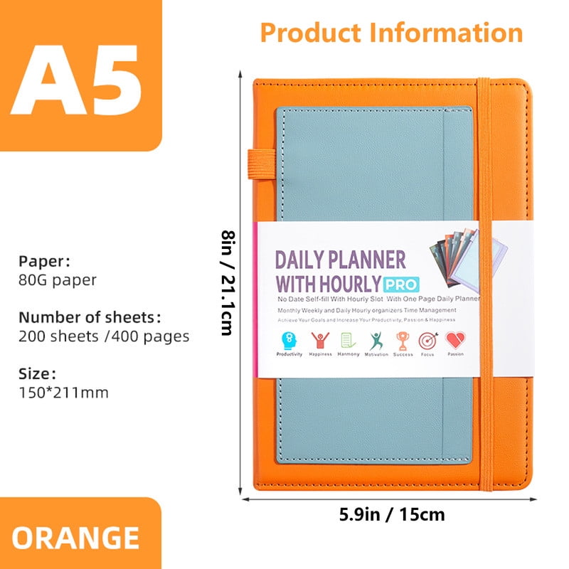 Undated Daily Planner for 2026, Planner Agenda Book, Daily Monthly Planner with 8 Creative Stickers, Simplified Schedule Notebook for Office Home, Journaling Notebooks, Start Anytime, A5 Size, Orange