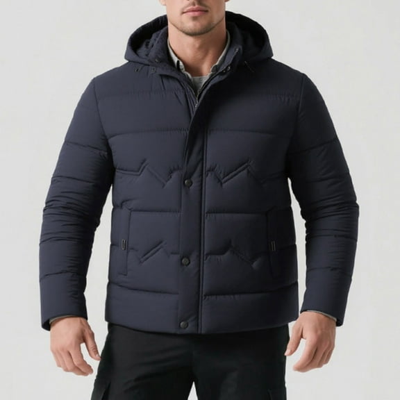 Men's Puffer Jacket Windproof Thicken Quilted Jacket Zip Up Insulated Winter Coats with Detachable Hood Outdoor Commuting Casual,Navy,XXXXXL