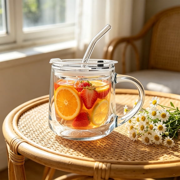 Glass Cup with Handle and Lid, 400ml Reusable Water Cup with Glass Straw for Coffee, Tea and Iced Drinks