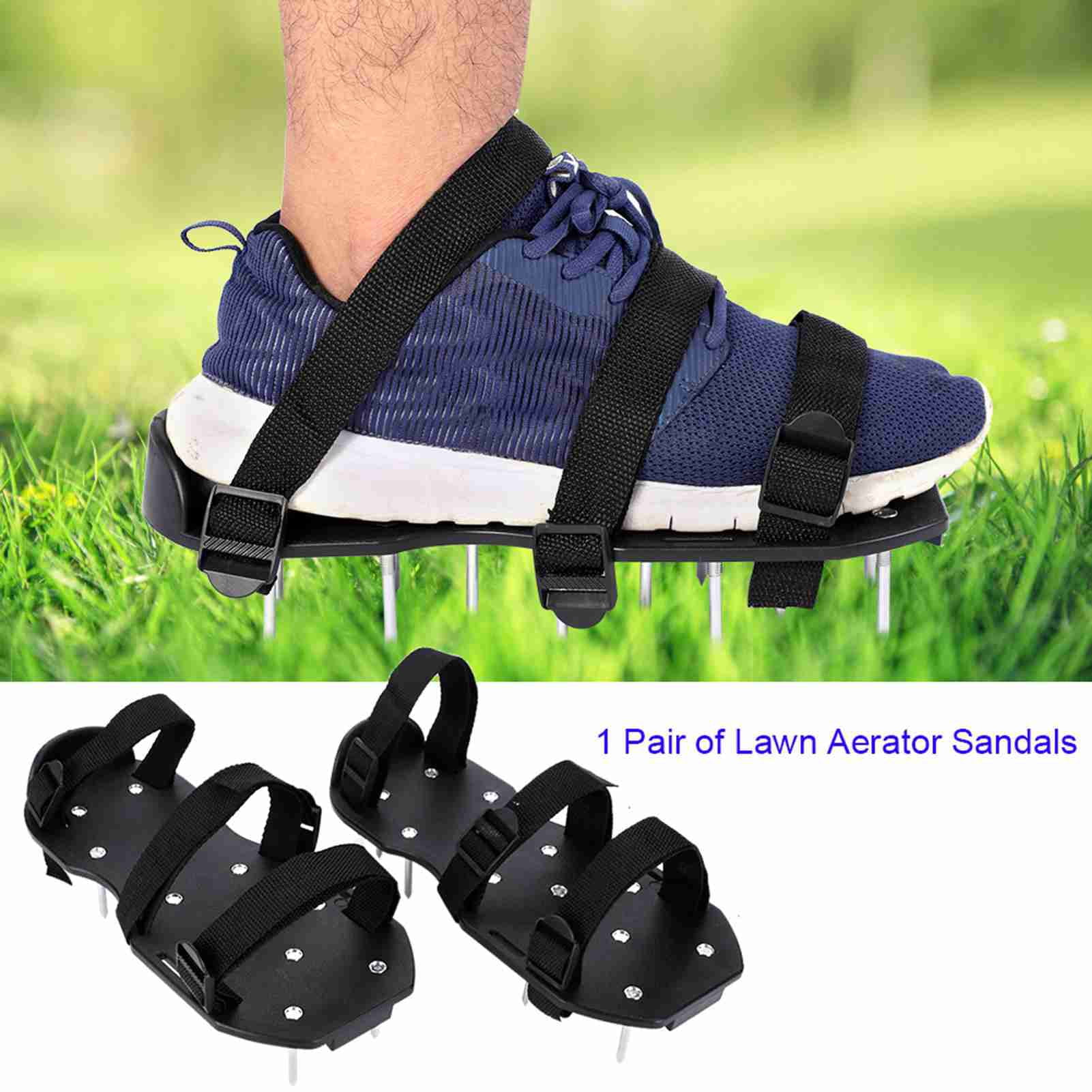 YAHHU Heavy Duty Lawn Aerator Shoes 3 Straps Spiked Sandals for Soil Aeration, 11.81 inches / 30 cm, Green/Black