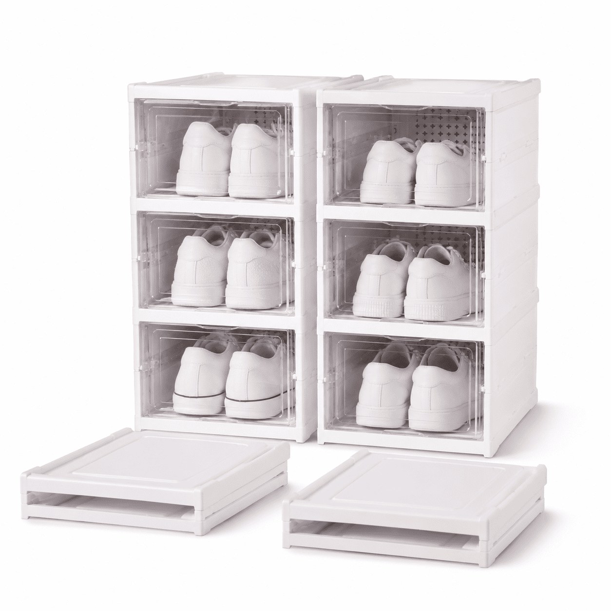 Foldable Shoe Rack No Assembly Stackable Shoe Storage Box with Doors Free Standing Plastic Space Saving Shoe Cabinet Bins Dustproof Folding Shoe Box Organizers (6 Tier-6 Pairs White)