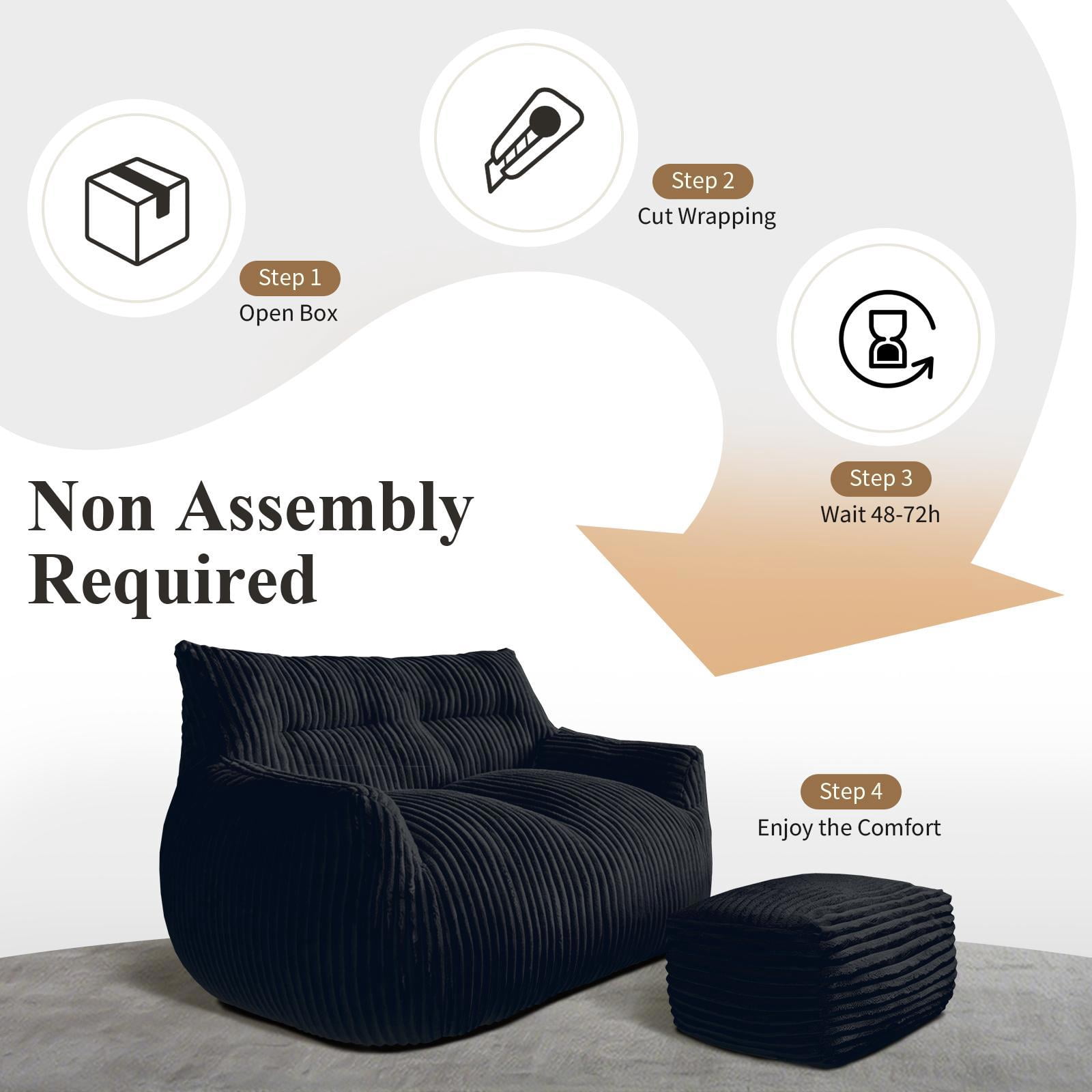 Hommoo Lovseat sofa with Ottoman, Cloud-Love Oversized 2-Seater Fluffy Bean Bag Chair for Living Room & Bedroom, Black