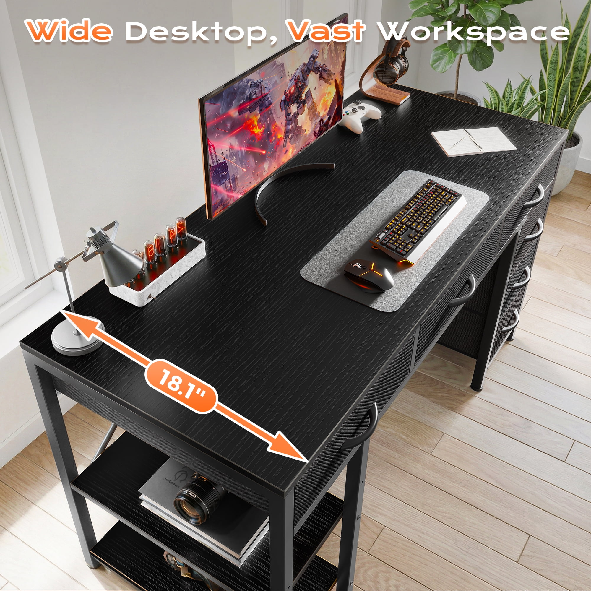 Amadwell 47" Desk with Drawers & Storage, Office Desk with Reversible Shelves, Gaming Computer Desk, Black