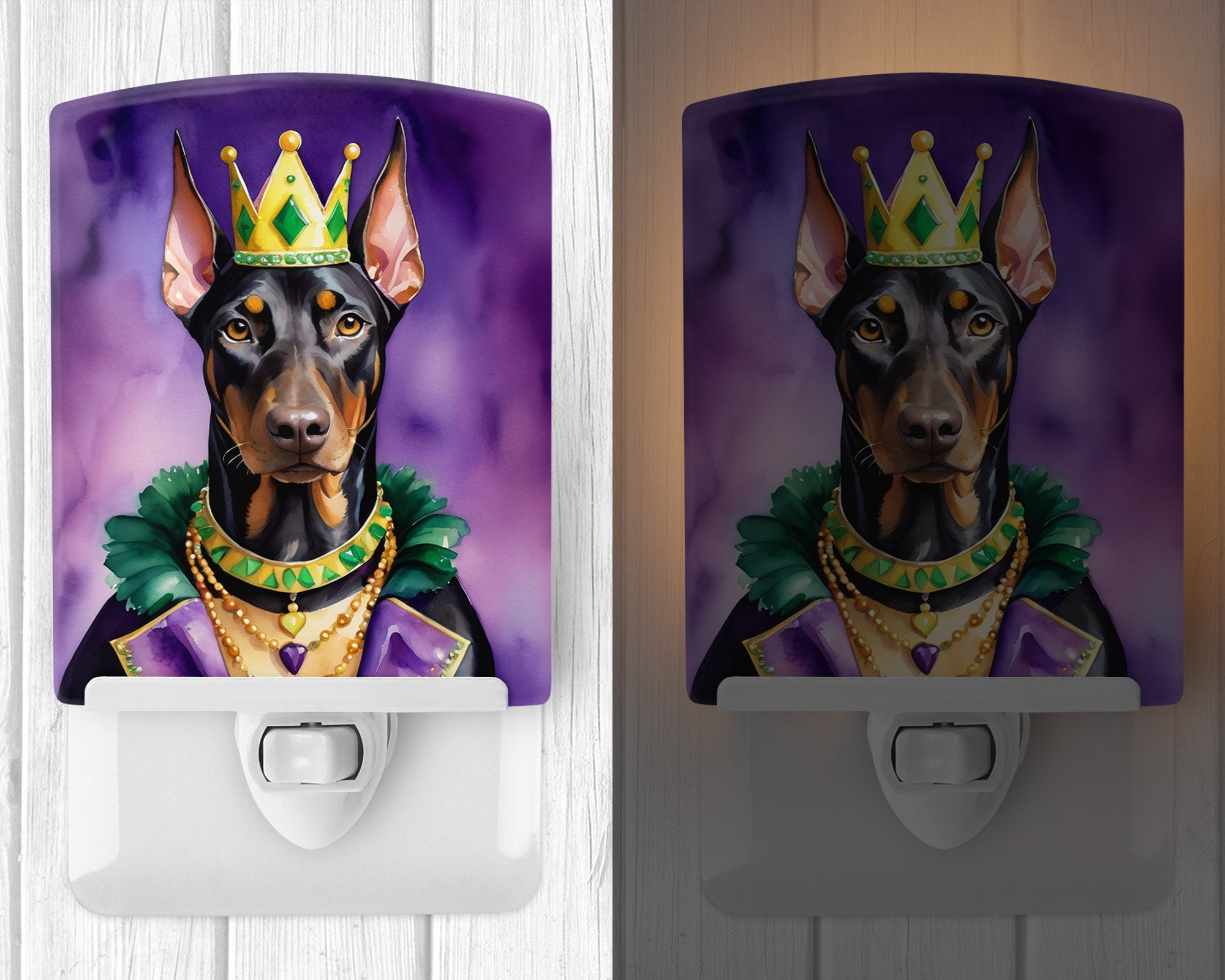 Doberman Pinscher King of Mardi Gras Ceramic Night Light 4 in x 6 in