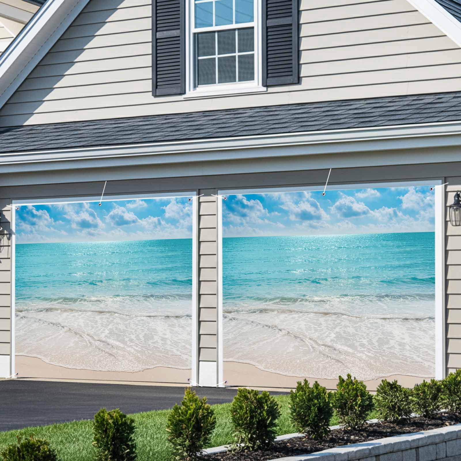 Summer Beach Garage Door Cover Banner 7 x 8 FT, Blue Coastal Ocean Seaside Nautical Garage Door Curtains Backdrop with Grommets for Indoor Outdoor Wall Party Porch Yard Decorations Background
