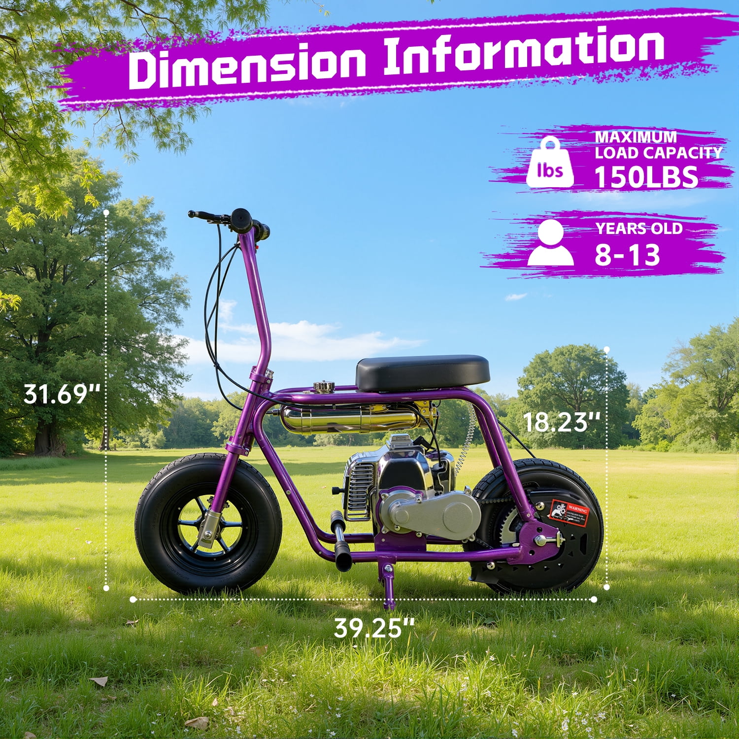 TOXOZERS 50cc Mini Bike, Gas-Powered Mini Dirt Bike with Extra-Wide Seat,Perfect Gift for Kids 8+,25 MPH & 150 LBS Capacity,Purple