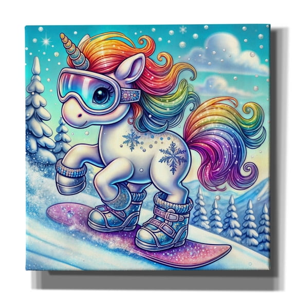 Epic Graffiti 'Unicorn On Snowboard' by Rey Klimt Canvas Wall Art, 18" x 18"