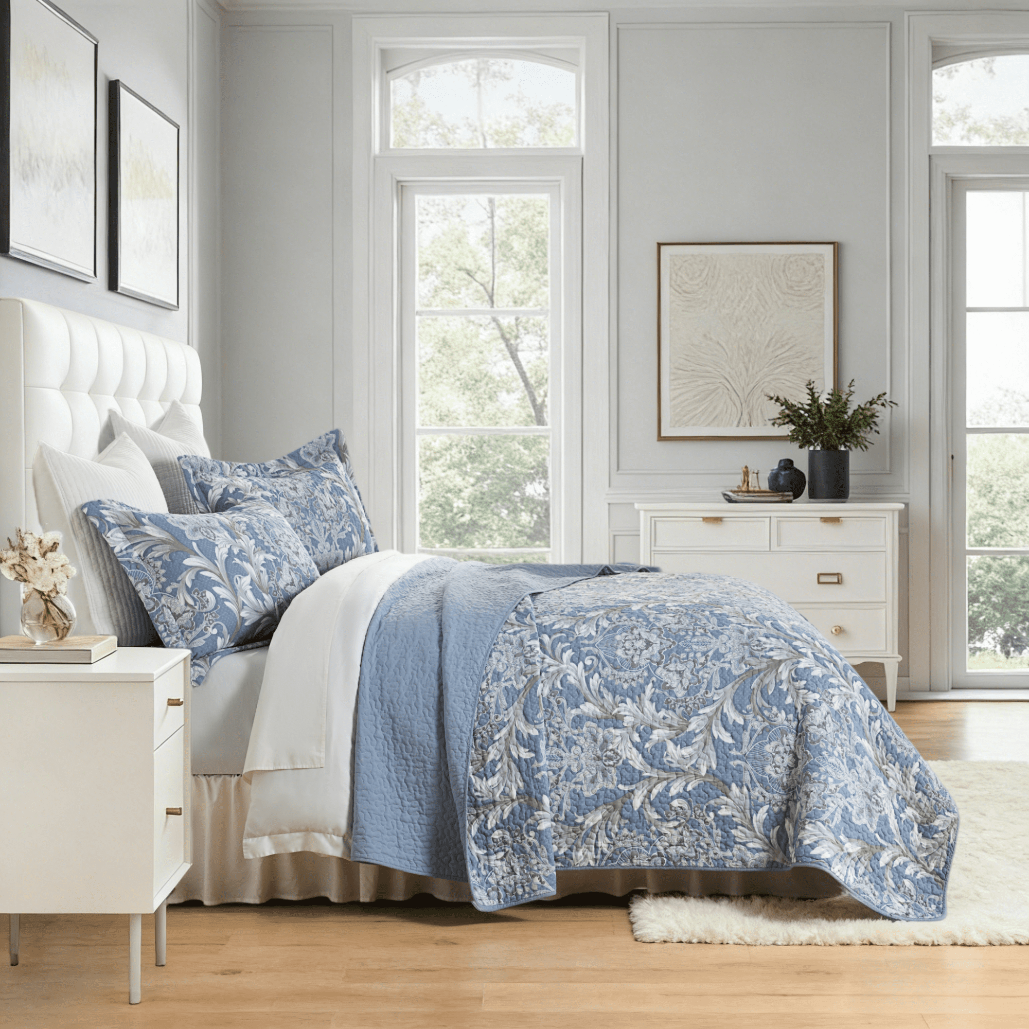 BCOTTON King Quilt Set - Luxury Blue Floral Beddings - 100% Cotton All Season Reversible Bedspread Set for King Bed- Lightweight, Soft, Pre-Washed(Blue/White)