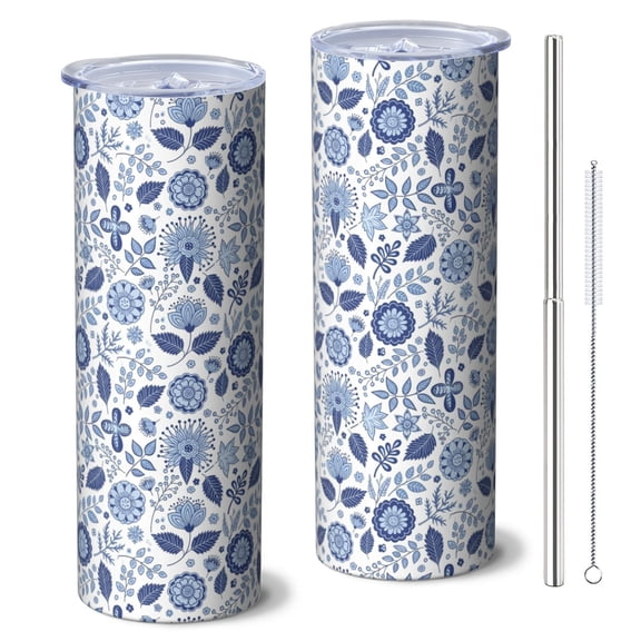 Pioneer Flower Floral Print Pattern 20oz Skinny Tumbler with Straw & Lid, Double Wall Vacuum Insulated Cup, Leak-Proof, Cup Holder Friendly, Hot 6H Cold 12H