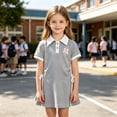 thumbnail image 6 of Girls Collar Short Sleeve Dress Kids Casual School Uniform Dress Cute Embroidered A Line Dress with Side Drawstring Adjustable Waist Comfortable Soft Breathable Daily Wear Back to School Outfit, 6 of 9