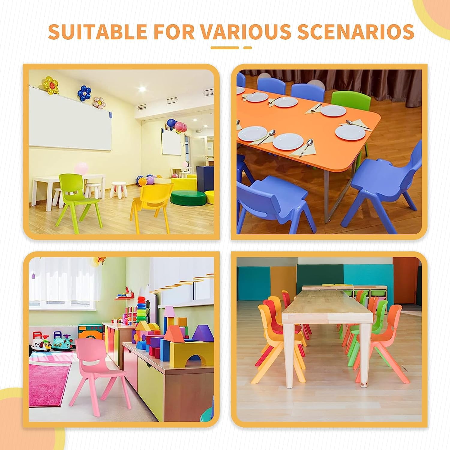 Linor 12Pcs Stackable School Chairs, Colorful Kids Plastic Chair for Toddlers with 12'' Seat, Kids Flexible Seating for Classroom Elementary, School, Daycare, Outdoor, Classroom，Back to School