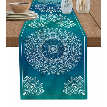 Table Runners 120 Inches Long Dress Scarves Teal Blue Boho Farmhouse Coffee/Dining/Kitchen Table Runner for Living Room Retro White Rustic Flower Ethnic Pattern 13x120 Inch