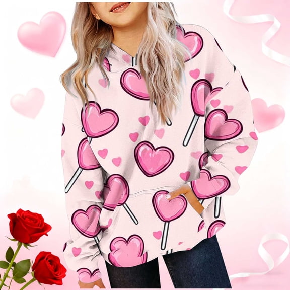 Girls Pullover Hoodie, Soft Stretch 95% Polyester 5% Spandex Pink Heart Lollipop Print Casual Hoodie with Kangaroo Pocket for Girls 6-14 Years (Sizes 90-160),Size 11-12T