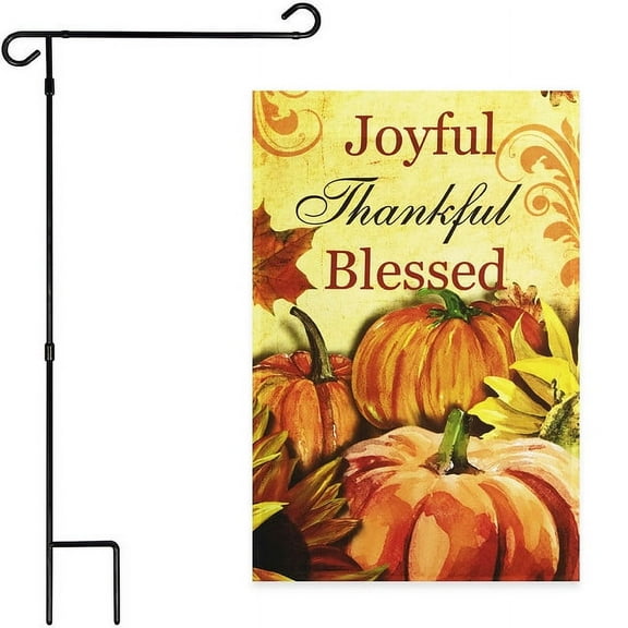 G128 Combo Pack: Garden Flag Stand Black 36x16IN & Garden Flag Joyful Thankful Blessed Three Pumpkins 12x18IN