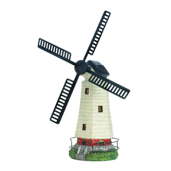 14.25" Black and White Windmill Solar Powered Lighthouse Statue