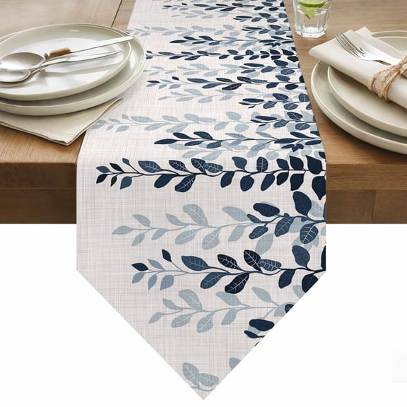 Plants Gradient Table Runner 70 Inches Long Blue Leaves Farmhouse Style Linen Texture Table Runners for Dining Room Tabletop Dresser Scarf Home Party Banquet Wedding Holiday Decoration