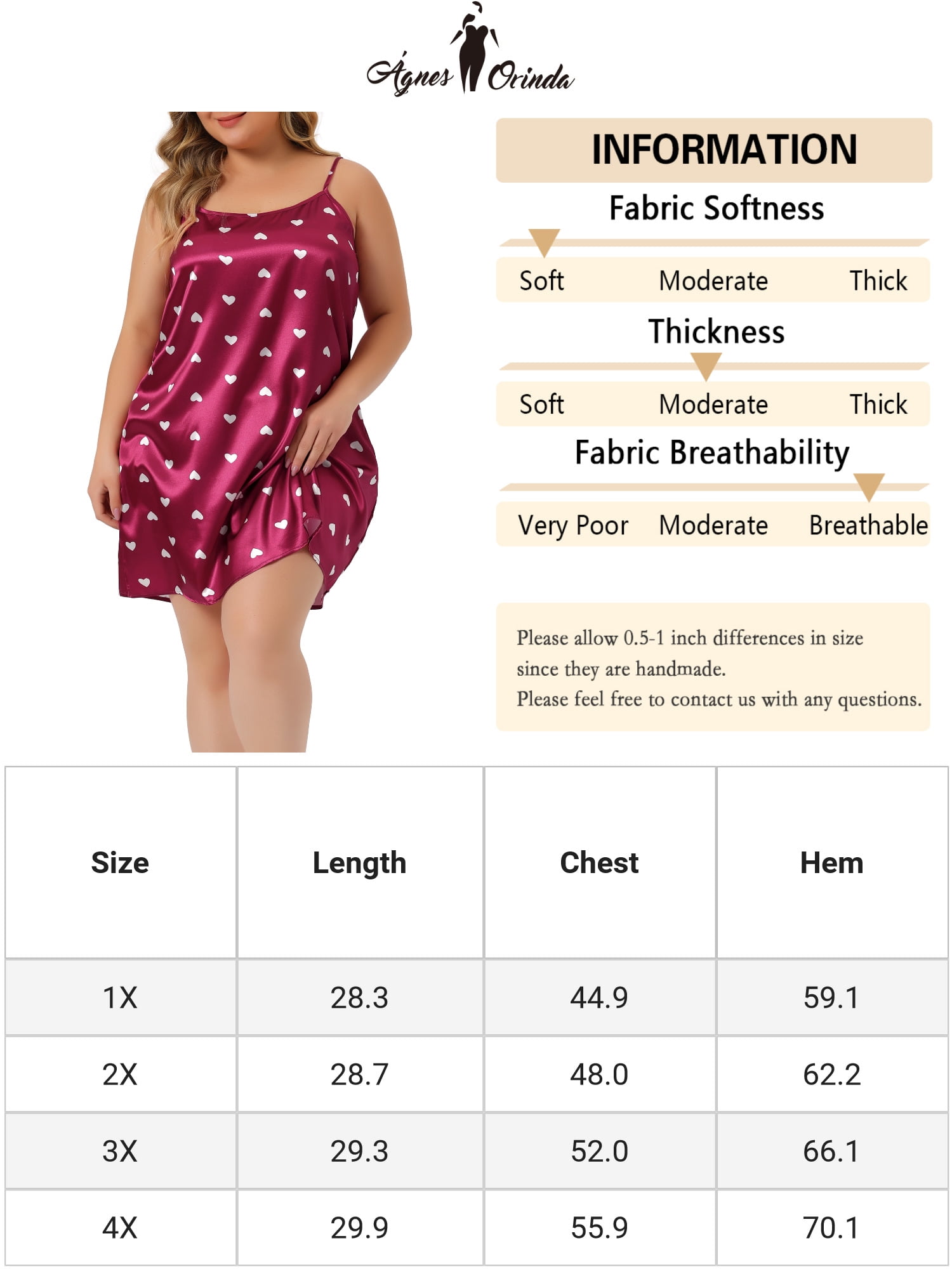 DARING DIVA Women's Plus Sleeveles Heart Print Nightgown Sleepwear 4X Burgundy