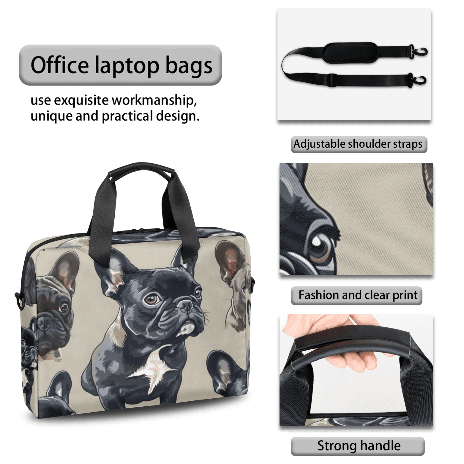 Herdesigns French Bulldog Laptop Bag for Women Men, Computer Case Briefcase Messenger Bags, 15-15.6 inch Laptop Sleeve Shoulder Bag