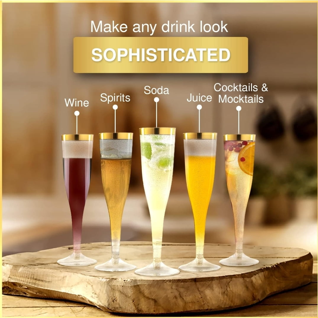 50 Pack Disposable Plastic Champagne Flutes, 6.5Oz Toasting glasses for decoration, Wedding, Parties, and Reusable(Gold Rim)