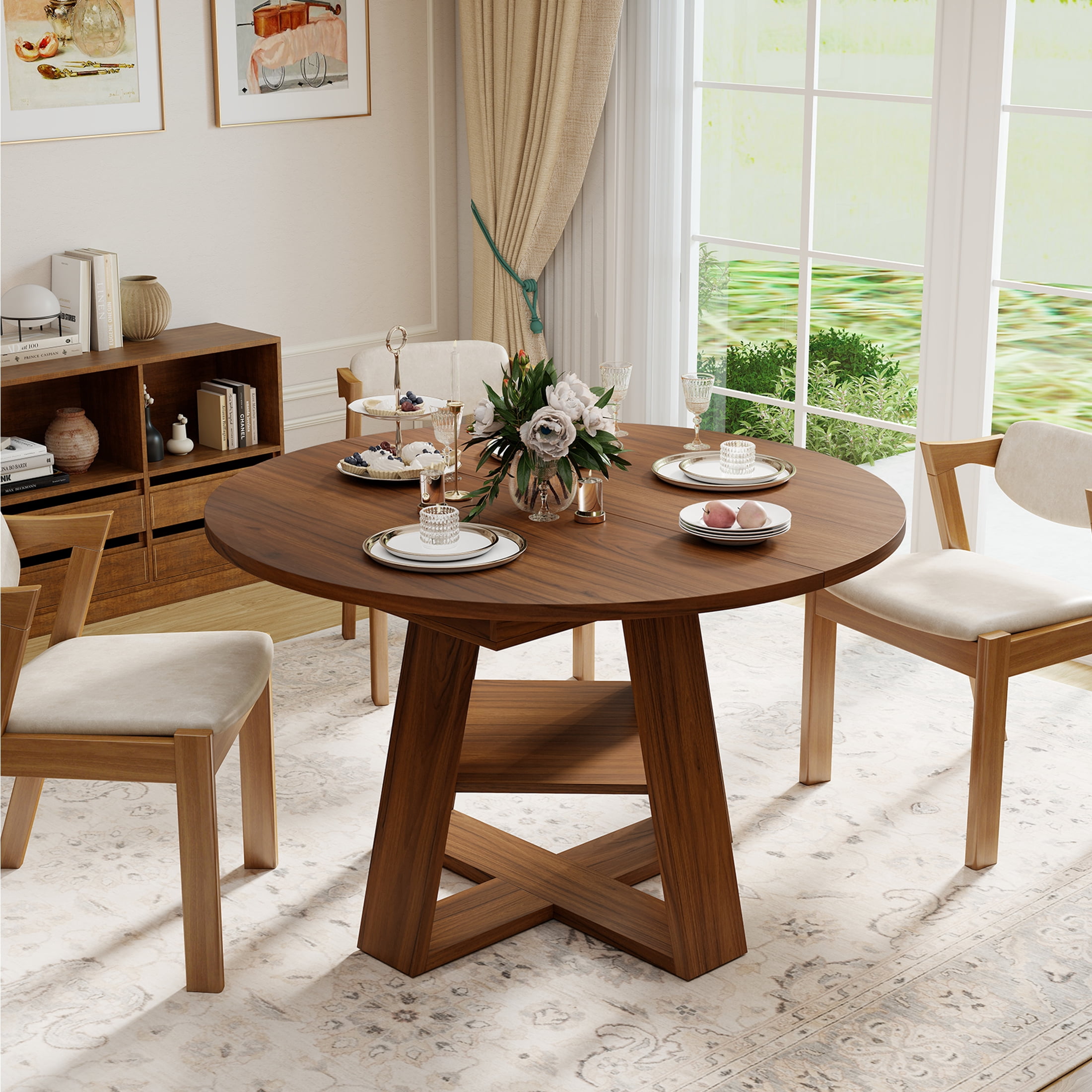 Hawsaiy 43.3-59 in Extendable Oval Dining Table for 4-6, Space-Saving Round Kitchen Table with Hidden Leaf Storage & Bottom Shelf for Small Space, Walnut