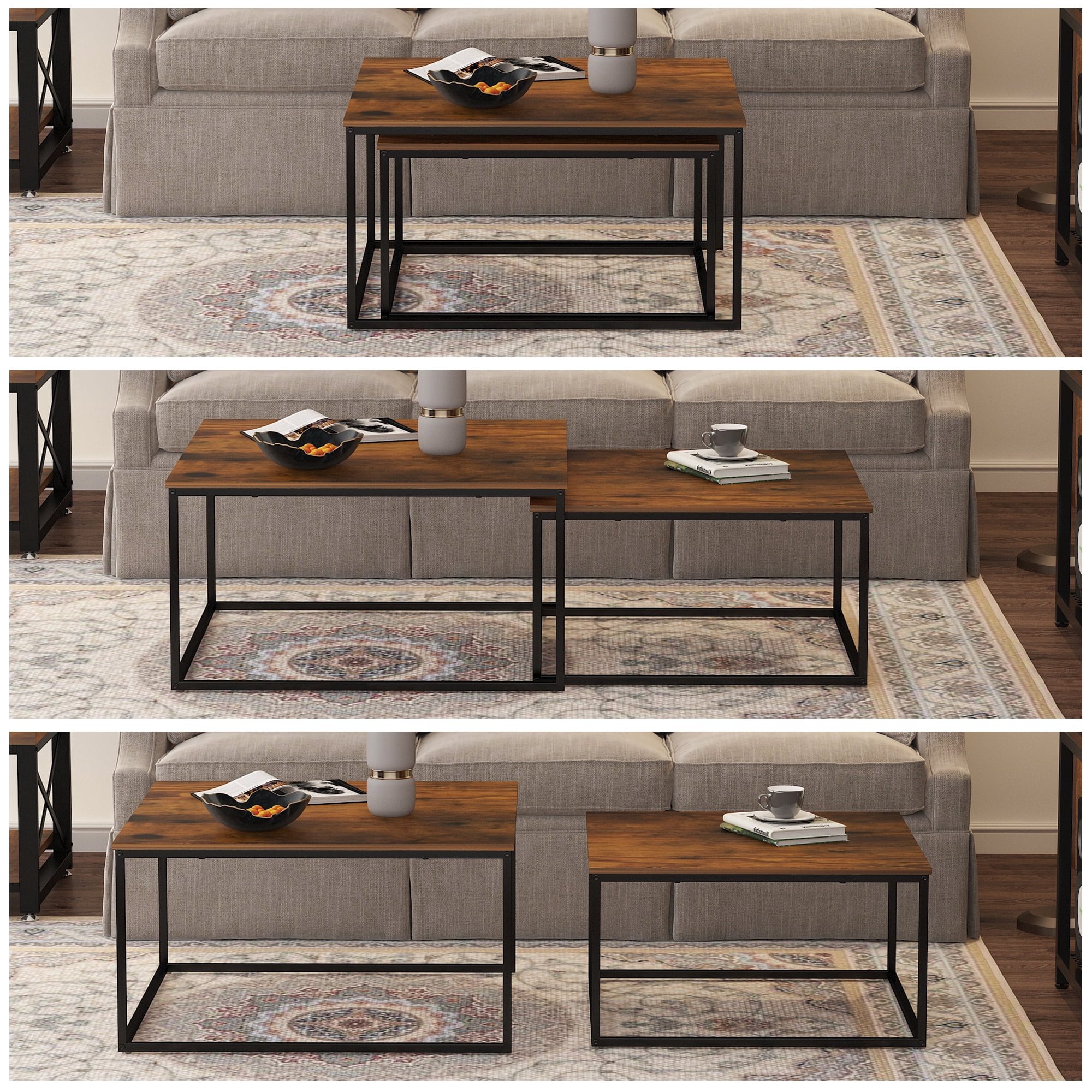 Chnnmbrn Coffee Tables, 2 Piece Set Square Nesting Table for Living Room, Rustic Brown and Black