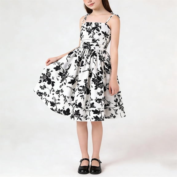 BLTIBY Teen Girls Dress Kids Cami Printed Flowy Swing Casual Dresses A Line Formal Party Gown Comfy Summer Dresses Black 10-11 Years