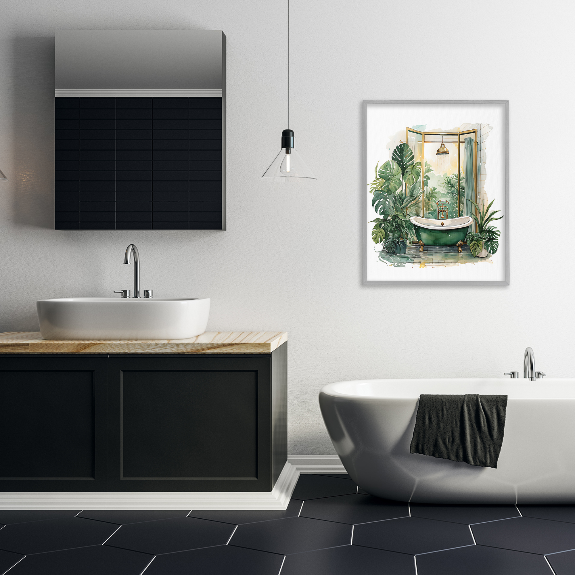 Bathtub in Tropical Oasis Gray Framed Giclee Art, design by Lettered and Lined