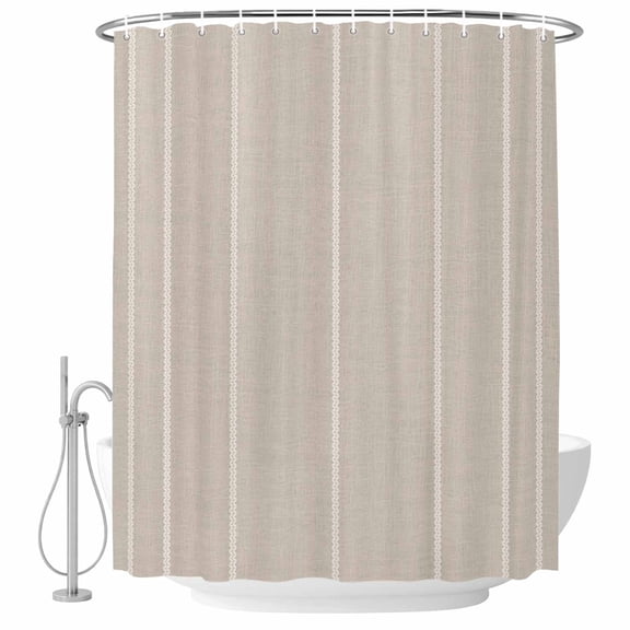 Beige Striped Shower Curtain Set - Small 36" x 72" Washable Bathtub Curtain with 12 Hooks, Farmhouse Linen Texture Line Stripes Waterproof Fabric Stall Shower Curtains for Bathroom/Bathtub Décor