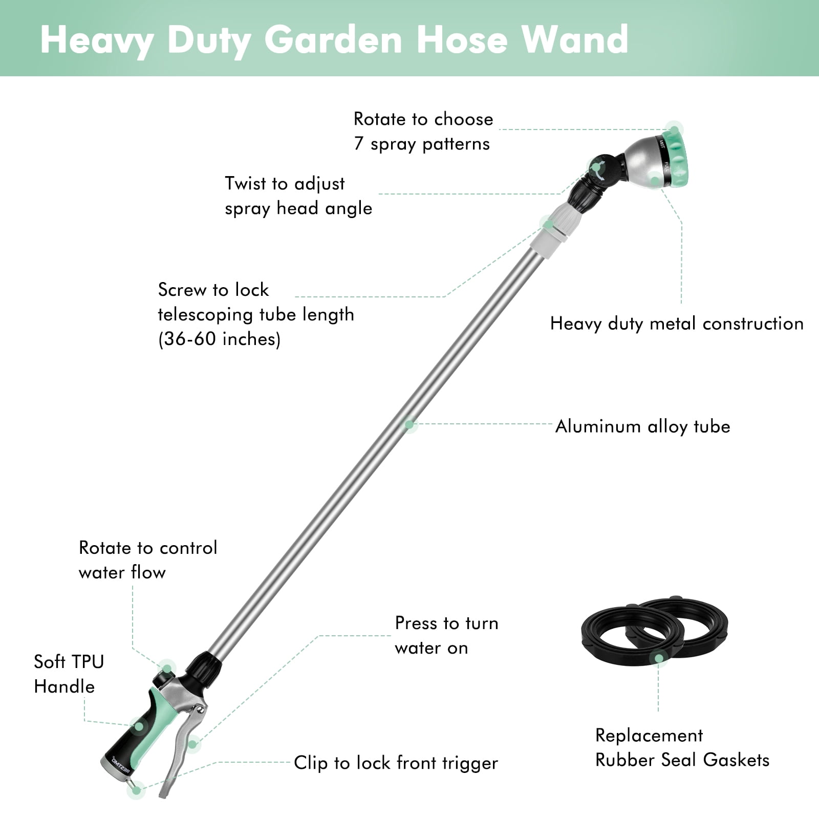 Restmo Telescopic Metal Watering Wand, 36-60 Inch Long Adjustable Tube with 180° Ratcheting Head, 7 Spray Patterns and Flow Control | Garden Hose Sprayer for Hanging Baskets, Shrubs, Lawn, Cyan