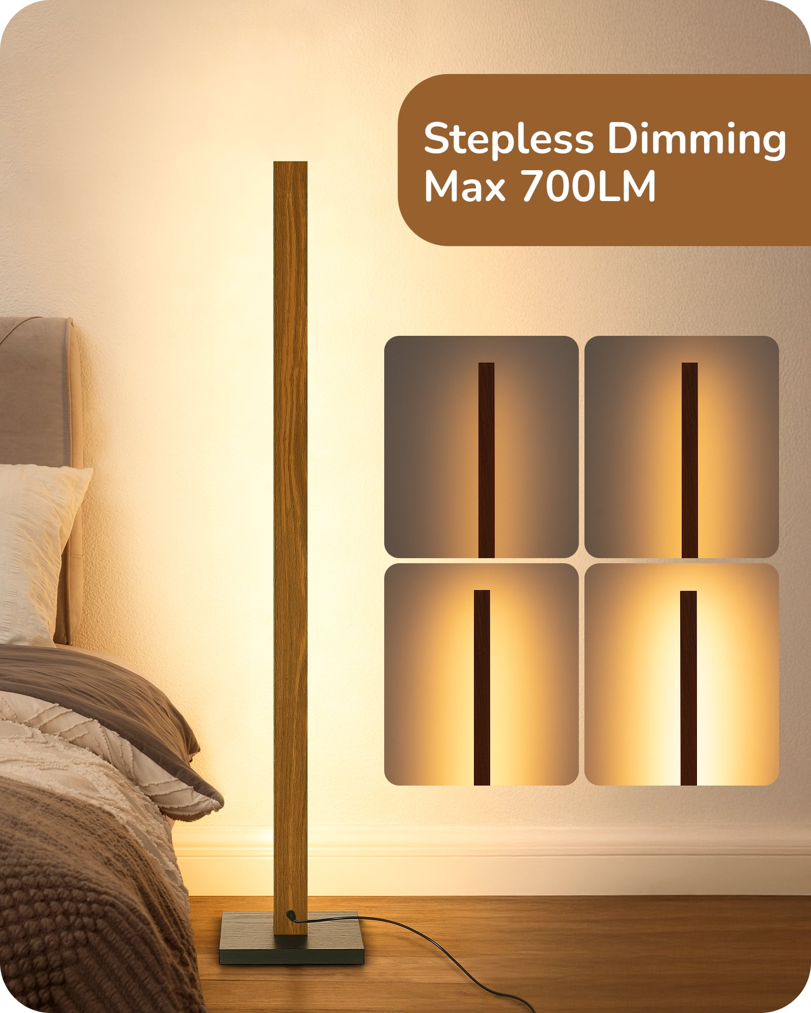 EDISHINE 48.43IN Mid-Century Modern Floor Lamps with Remote for Living Room , Dimmable, 7CCT, Wood LED Corner Light for Bedroom, Office, 2700K~6000K, Light Brown