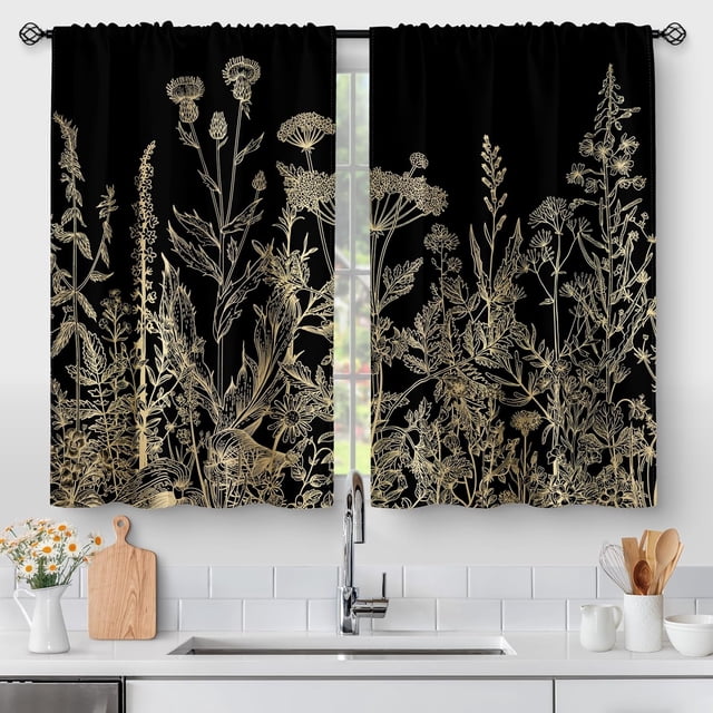 Flower Leaves Kitchen Curtains - Golden Floral Spring Rustic Plant Botanical Cafe Farmhouse Small Short Curtains for Bathroom RV Rod Pocket Window Drapes 36 Inch Length 2 Panels Set