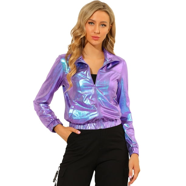 Chaquede chándal pamujer Chaquemetálide manlarbrillante holográficon cremalleen parte delanteAzul Púrpu3XL