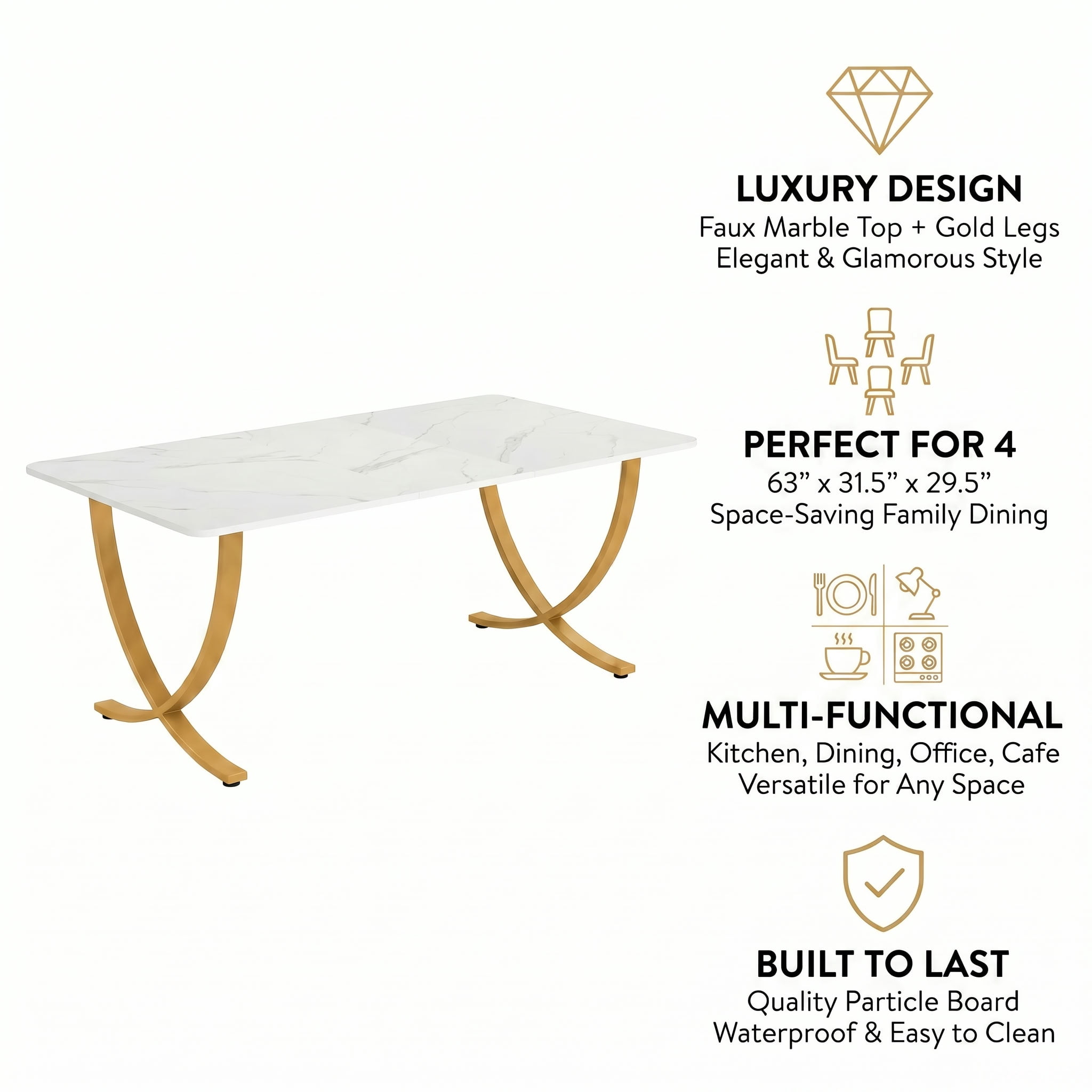 Dovelina 63" Modern Dining Table for 4-6, Waterproof Kitchen Table with Faux Marble Top, for Home Dining Room, Kitchen, Living Room