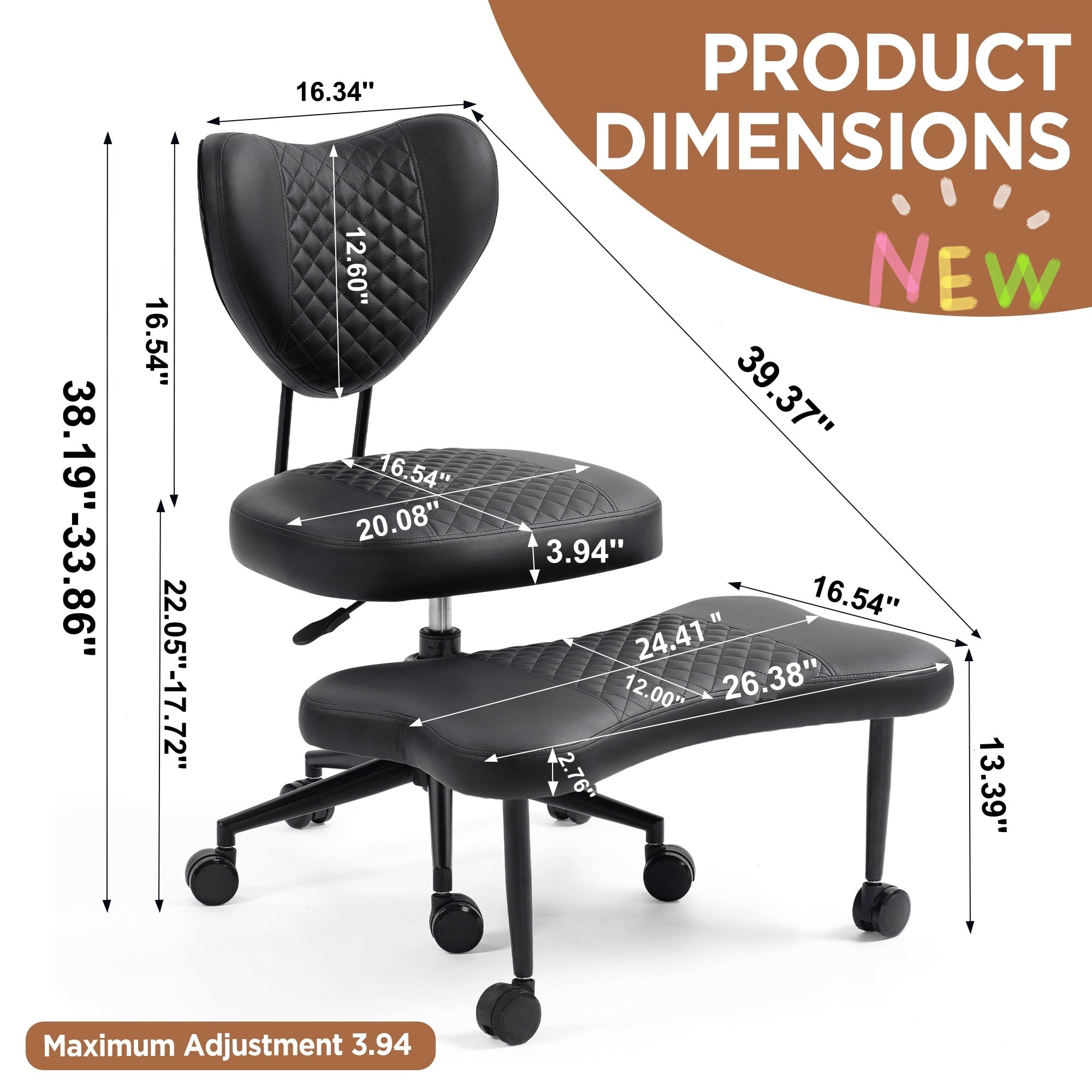 Meditation Chair, Ergonomic Cross Legged Seating Chair with Lumbar Support and Height Adjustable Seat Cushion, Kneeling Chair with 360-Degree Swivel Casters for Office or Yoga, PU Leather, Black