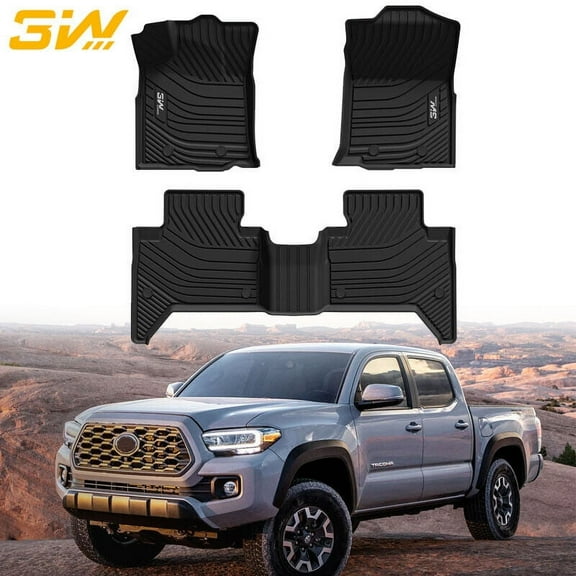 3W Floor Mats For Toyota Tacoma 2016-2023 (Only Double Cab and Automatic) , TPE All Weather Custom Fit Floor Liner for Toyota Tacoma 1st and 2nd Row Car Liners