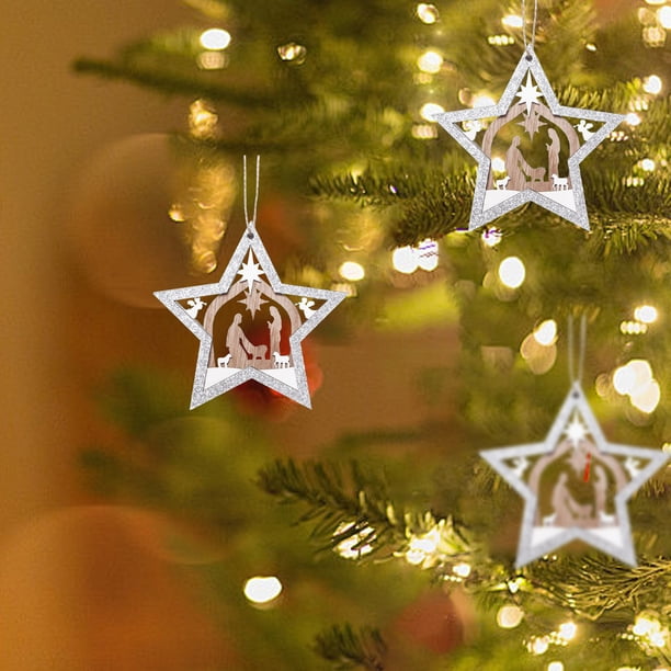 Adornos Navideños para Interiores: Belén de Madera de Tres Niveles En Tonos Plateados y Blancos.