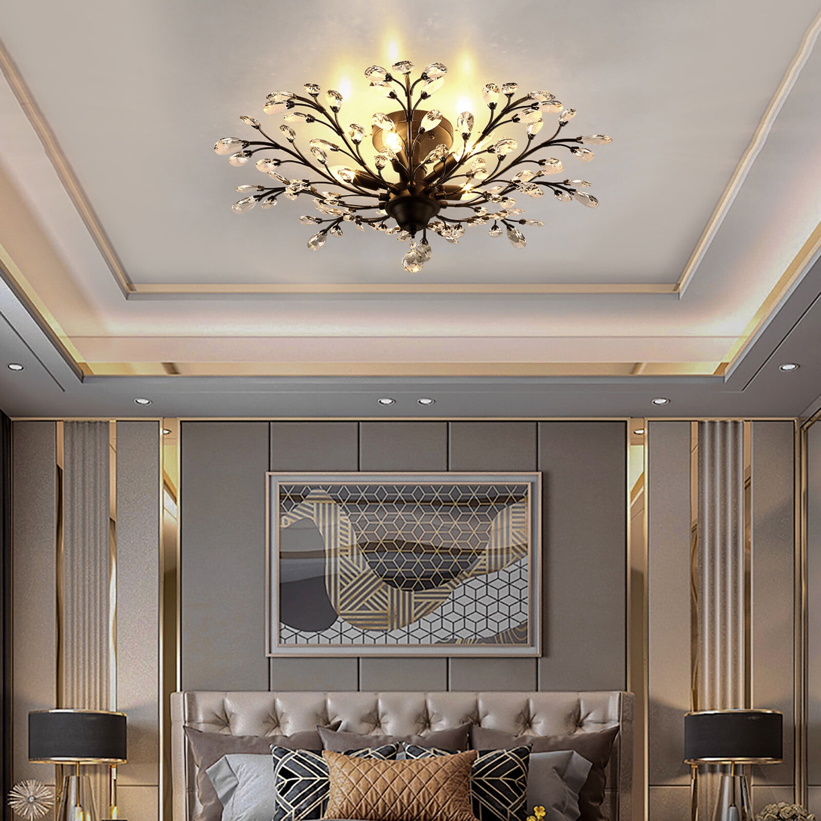 110V Vintage Crystal Pendant Lamp Flower Ceiling Light Fixture Chandelier for Living Rooms, Bedroom