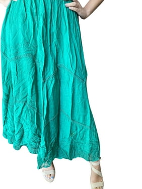 Mogul Women Maxi Skirt Solid Turquoise Embroidered Peasant Holiday Gypsy Hippie Boho Skirts S/M
