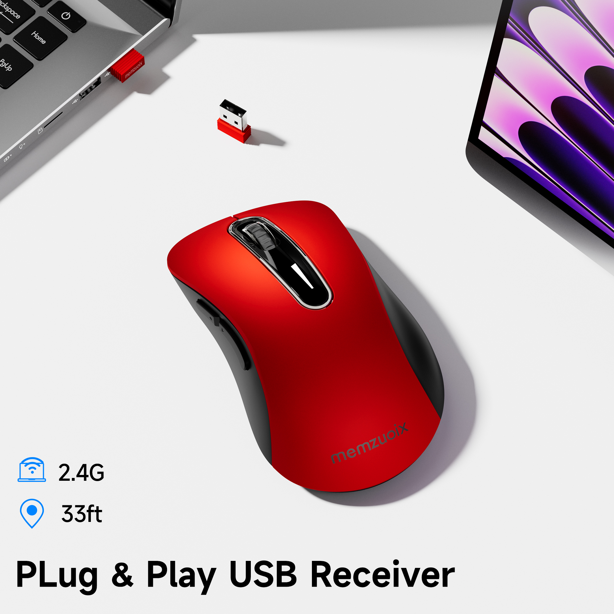 HALOKIN Wireless Mouse, 2.4GHz, 1400 DPI, Red photo 2