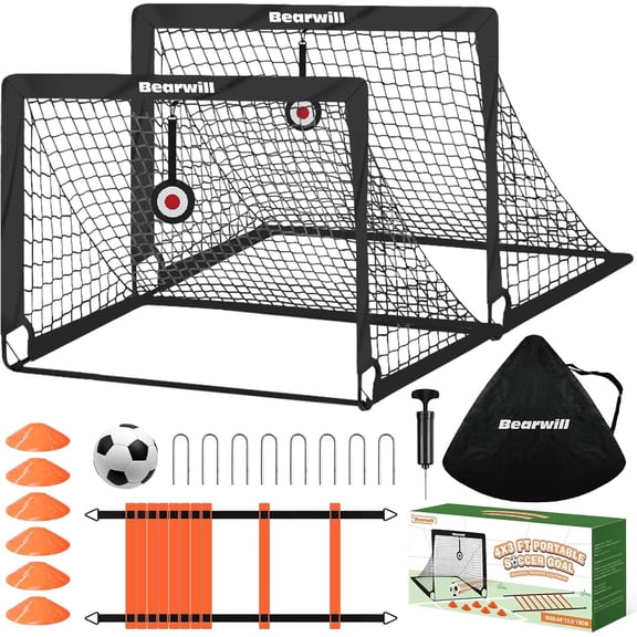 Soccer Goal, Kids Soccer Goals for Backyard Set of 2 | 4x3ft Portable Soccer Goal Pop Up Soccer Net, Kids Soccer Net Training Equipment with Soccer Ball, Ladder, Cones, Targets