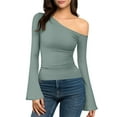 thumbnail image 2 of MOJOGO Women's Off Shoulder Tops Casual Long Bell Sleeve T-Shirts Spring Fall Fashion Outfits Going Out Blouse Green 2XL, 2 of 9