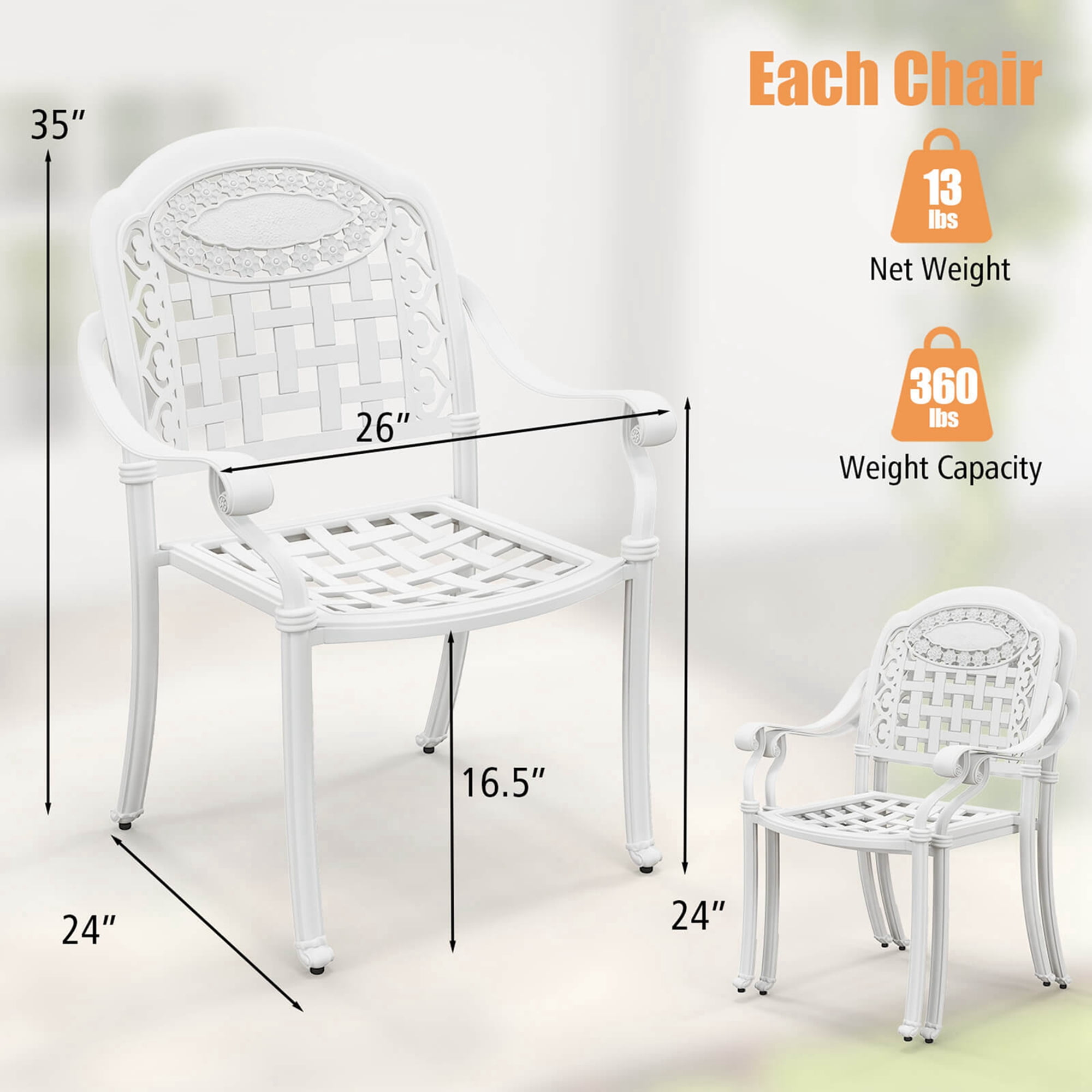 Costway 2pcs Patio Cast Aluminum Armrest Chairs Dining Stackable Outdoor White