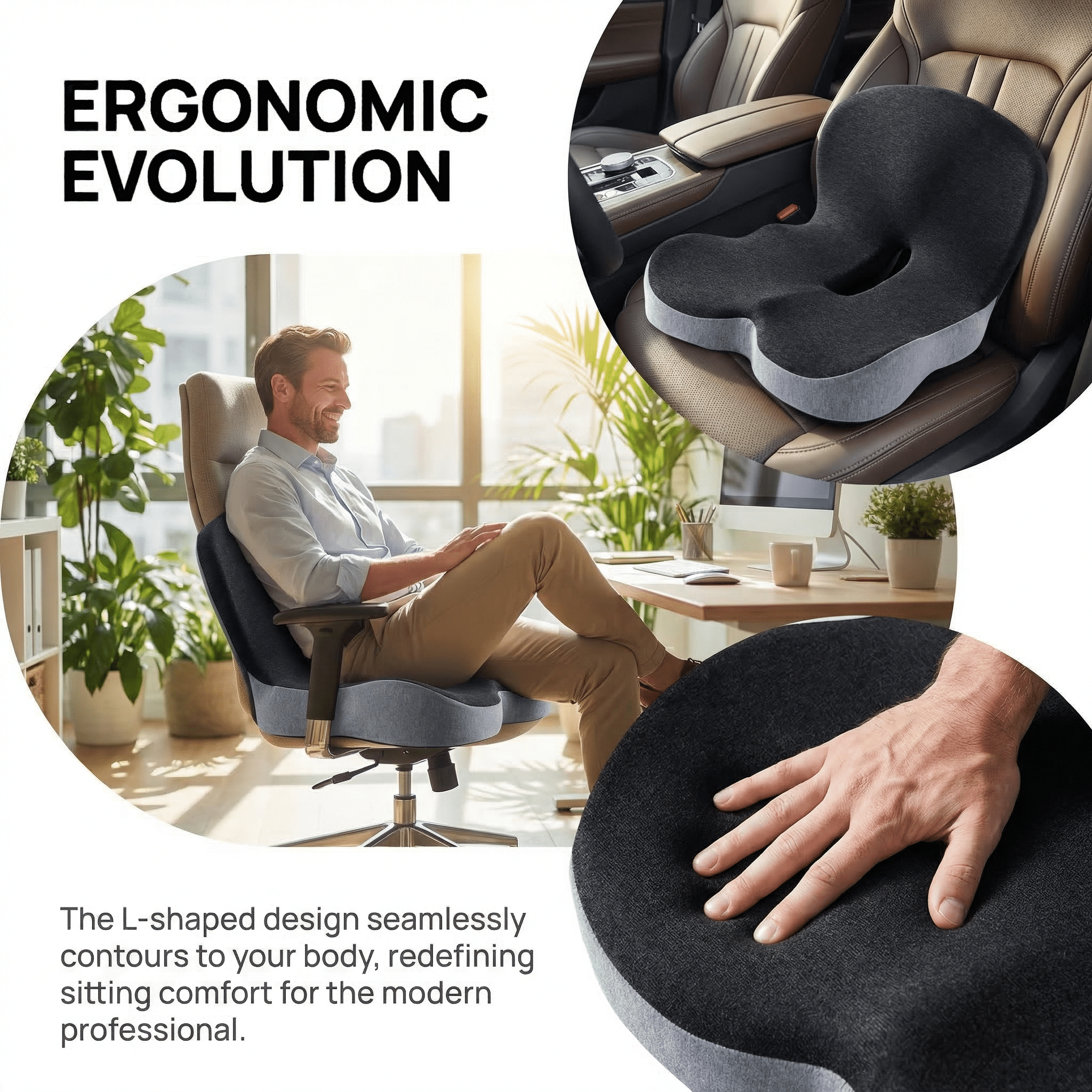 L-Shaped Memory Foam Seat Cushion for Office Chair & Car Seat, Ergonomic Sitting Cushion for Long Sitting Relief, Breathable Hip & Tailbone Support Cushion for Driving, Desk Chair, Wheelchair