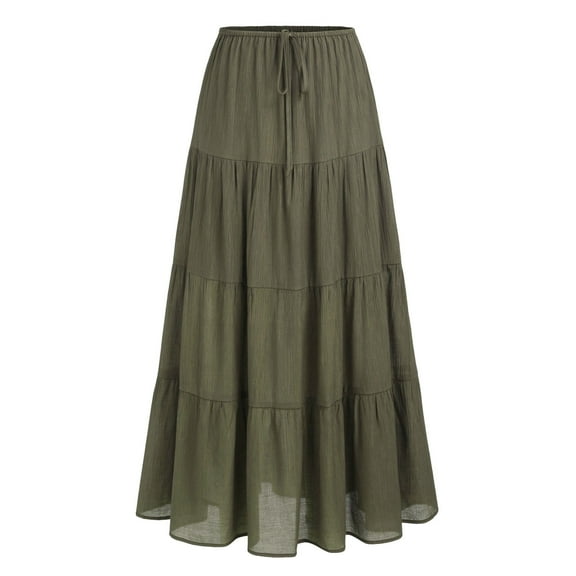 YDFCWXW Maxi Skirts for Women Tiered Long Skirts Pleated A Line Adjustable Elastic Waist with Drawstring Flowy Long Skirt Green, M