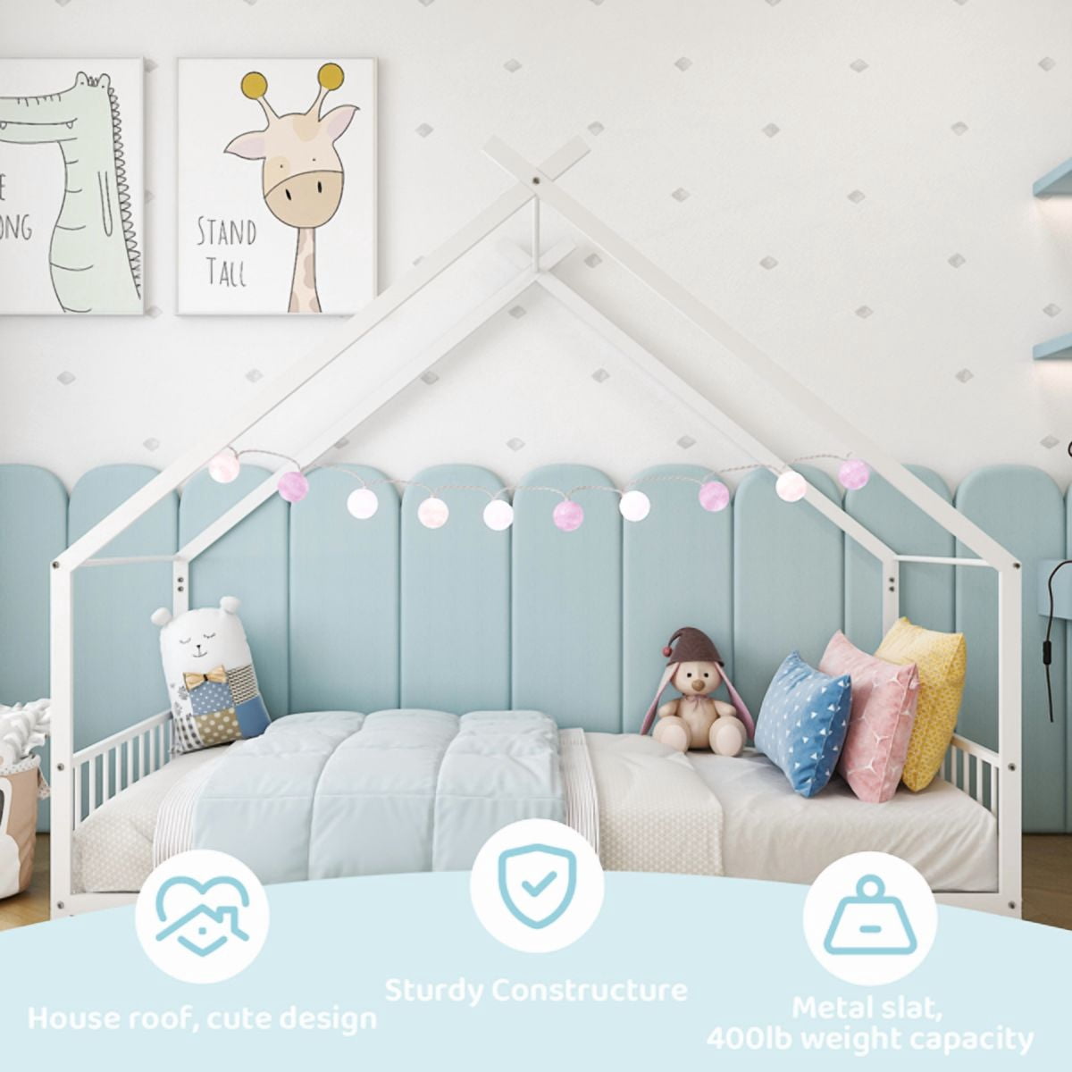 Alvantor Twin Metal House Bed for Kids and Toddlers with Side Guardrails, No Box Spring Needed, White