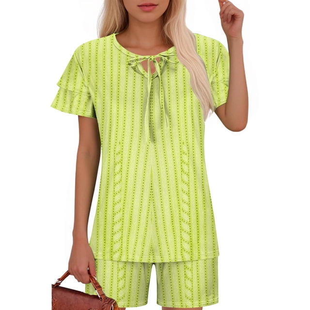Ensembles de Pyjama pour Femmes 2 Pcs, Mode Décontractée pour Femmes Manches en Dentelle Imprimée Haut Décontracté Pantalon Ensemble de Pyjama