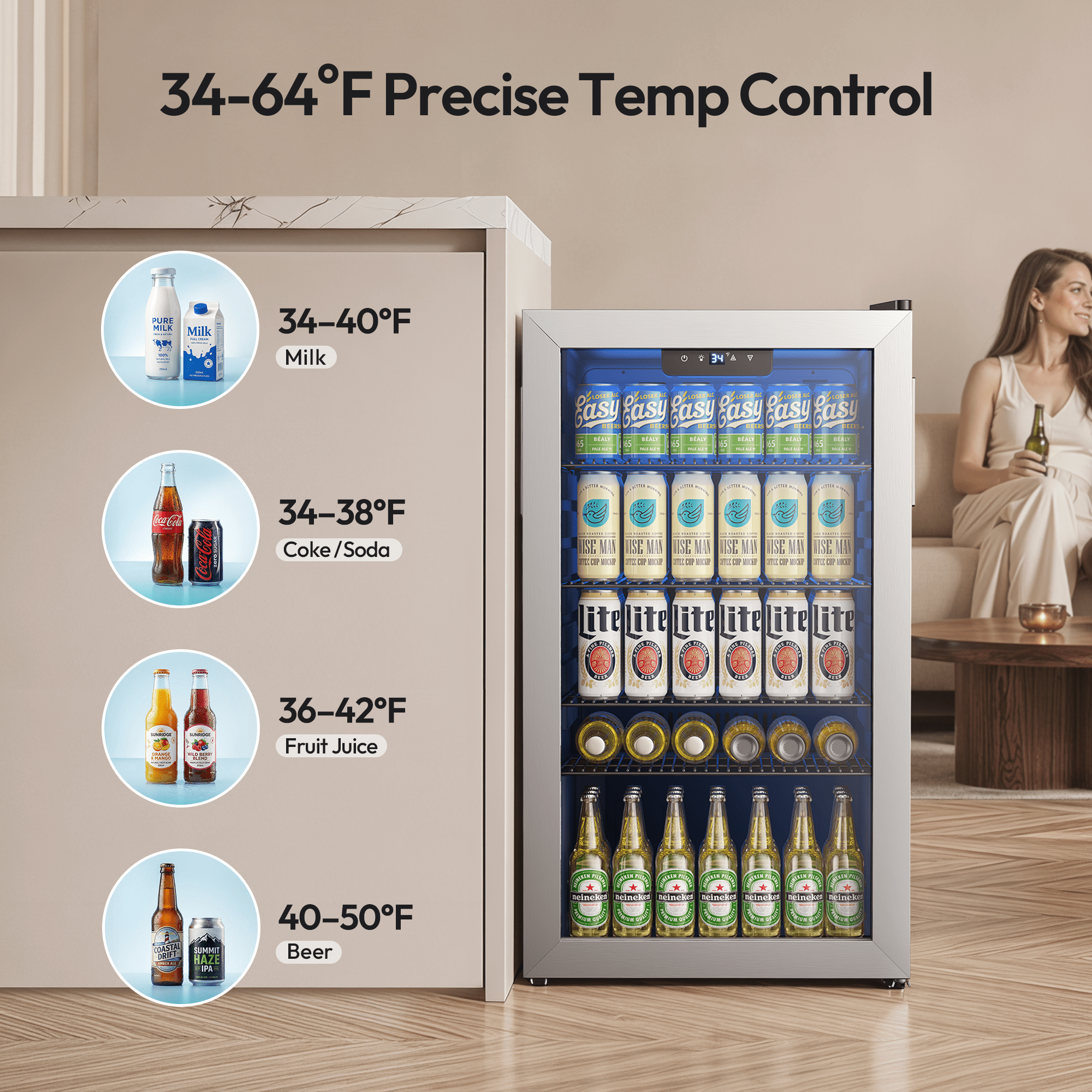 EUHOMY 125 Can Beverage Refrigerator and Cooler with Glass Door for Home, 17.3 in D, 31.5 in H, Silver