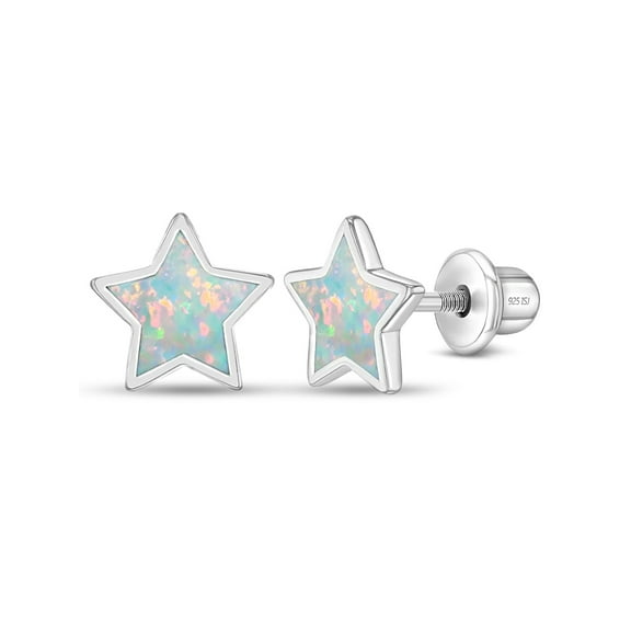 Sparkle Star White Opal Kids / Childrens Earrings Screw Back - Sterling Silver