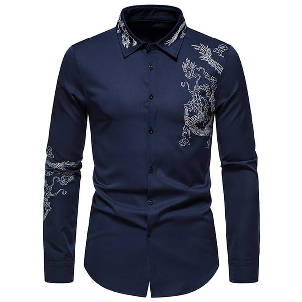 Camisa de manga larga con bordado de dragón cortado a la moda informal para hombre Pompotops oipoqjl50579