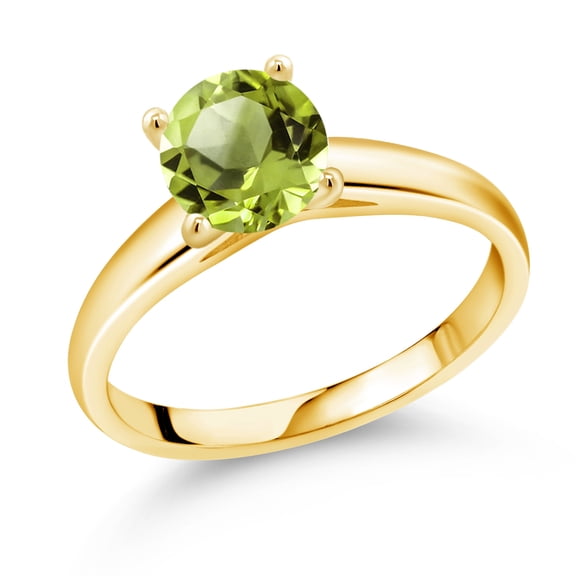 Gem Stone King 1.45 Ct 7mm Round Green Peridot 10K Yellow Gold Ring (Size 5)